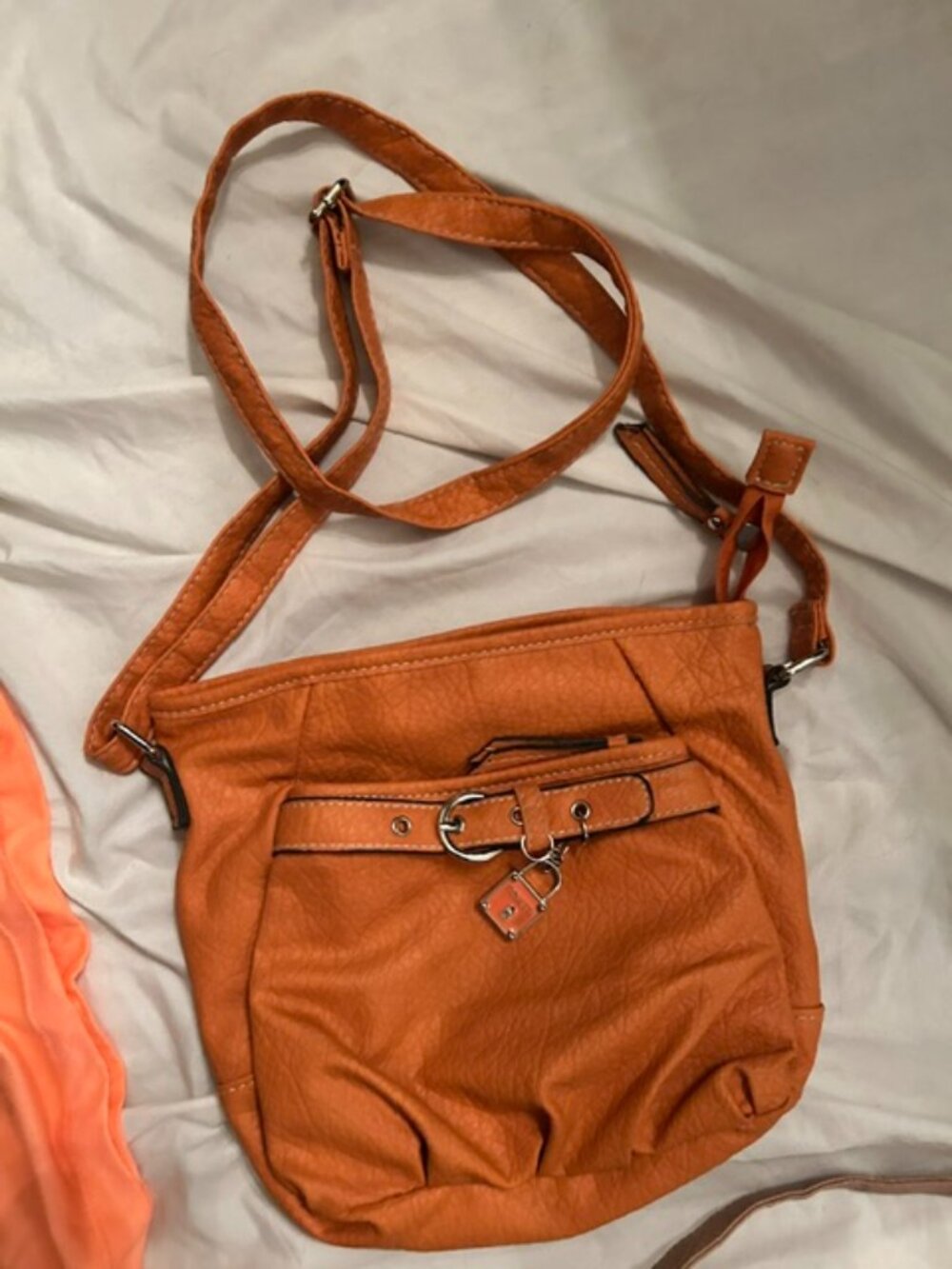 orange faux leather crossbody purse hand bag medium sized casual dress